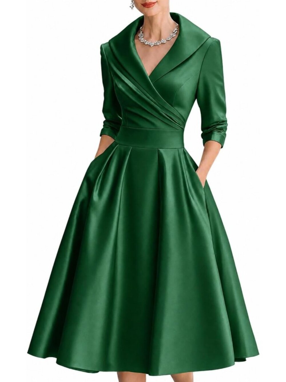Women's Green Wrap Long Sleeve V-Neck Silky Casual Elegant Midi Church Dress